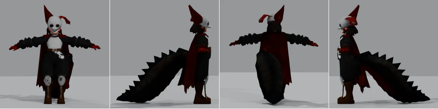 Jefrie's 3,000-triangle game model, textured, in a T-pose from front, side, back and the other side: a pale mask with dark eye holes, red leather ear points, a red cape, black coiled sleeves, and a huge spiked tail lying straight behind her on the ground