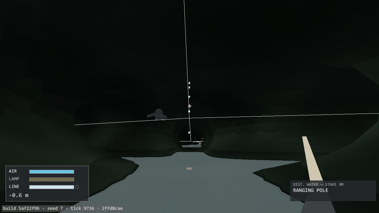 A flooded cave passage from BLACKWATER 2's autopilot run, a drowned figure drifting ahead, with the build, seed and tick stamped in the corner