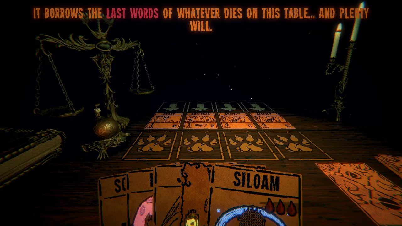 Leshy's cabin in Inscryption with Aaron's character cards in hand and Leshy's line about Echo at the top