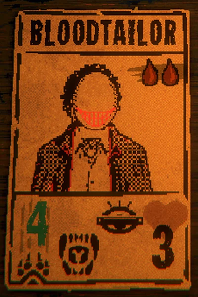 BloodTailor's card in game: smooth iron plate, red glowing grin