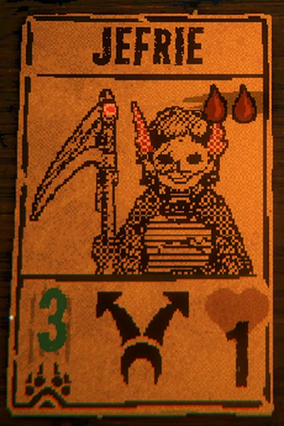 Jefrie's card in game: ink portrait, red glow on the scythe eye and ears