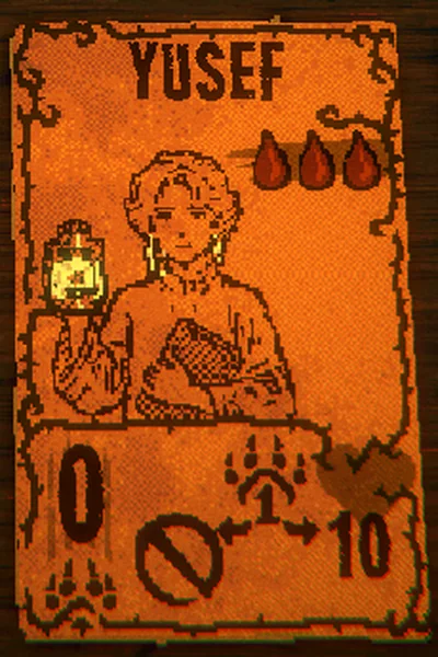 Yusef's card in game: line art, gold glowing lantern, 0 power 10 health