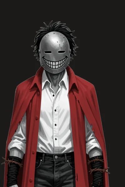 BloodTailor source render: iron mask with a wide grin, red coat
