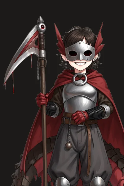 Jefrie source render: masked girl with a scythe, red cape and armour