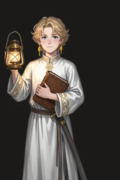 Yusef source render: white robe, lantern and Bible