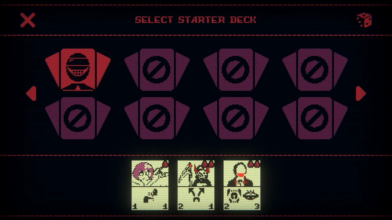 Kaycee's Mod starter deck screen: an iron-plated grinning head icon selected, previews of Ichigo, Jefrie and BloodTailor in pixel style