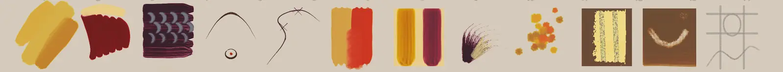 One test mark per tool on the practice board: broad gold strokes, a heavy red stroke, chisel-edge scale marks, a thin pencil line and an eye, a fine rigger line with barbs, a blended edge, two glaze stripes, a fan of hair strokes, stippled dots, knife slabs with scraped bars, a grin lifted out with a rag, and a pencil grid