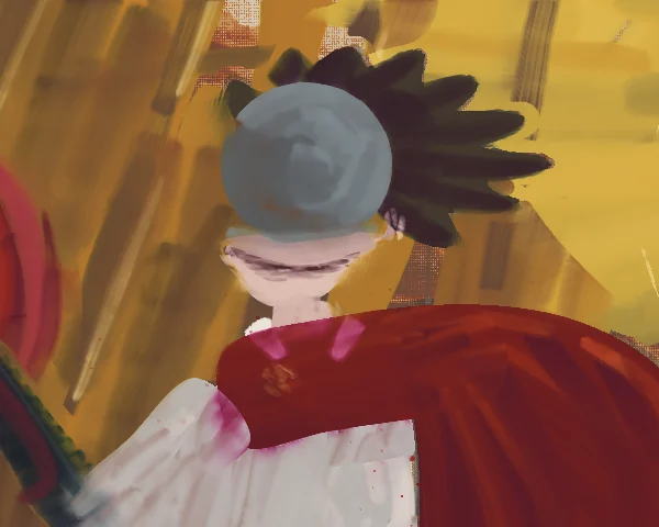 BloodTailor's head at day 6: a flat blue-grey ball for a dome, spiky black hair, a pale jaw with a dark line for a grin