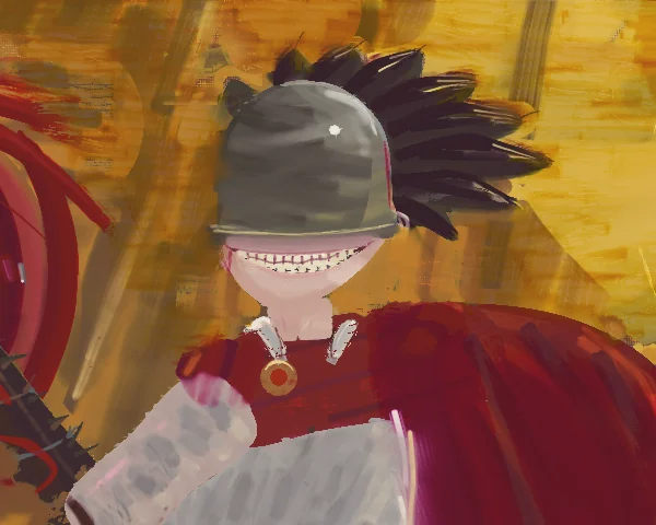 BloodTailor's head finished: a grey steel bowl helmet with a white star and a gold rim, spiky black hair blown right, and below it a pale jaw with a long grin of crowded teeth and a bronze brooch at his collar