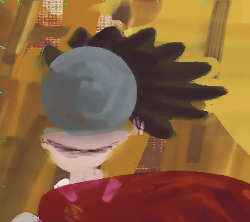 Close-up of BloodTailor's head at day 6: a flat blue-grey ball of a dome with spiky black hair, and a pale jaw with a dark grin line