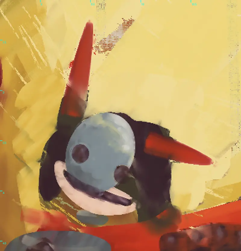 Close-up of Jefrie's head at day 6: a round blue-grey helm with two dark sockets, a pale grin below, red ear flaps and black hair