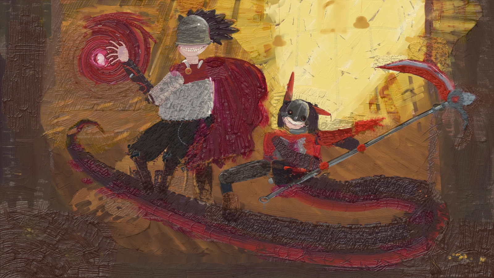 The finished painting lit from the upper left, so the brushstrokes and knife ridges cast small shadows