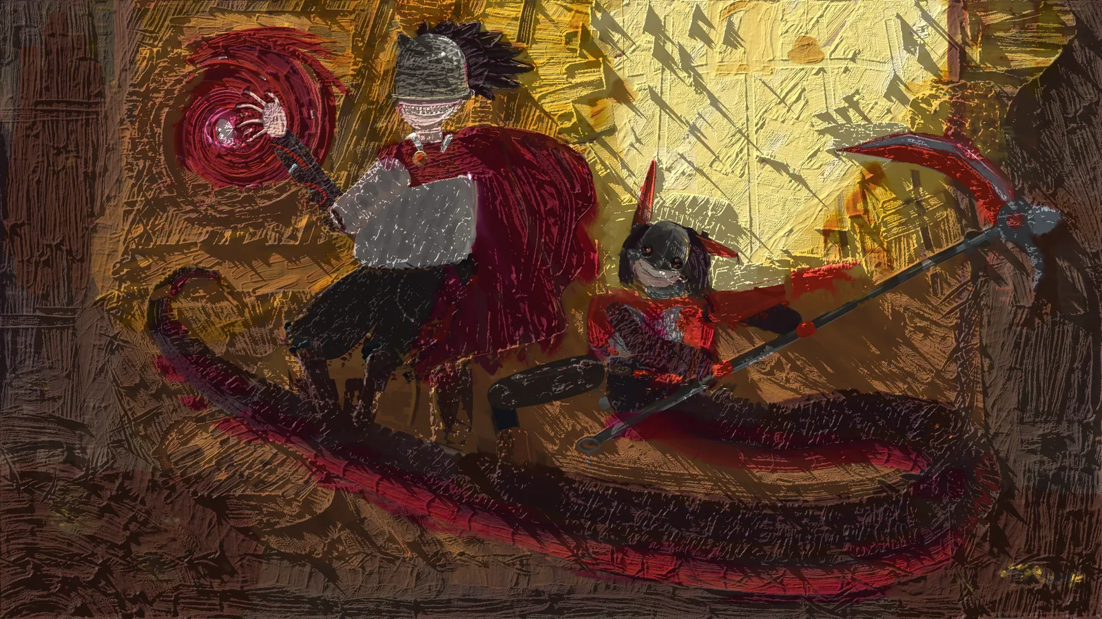 The finished painting under a low raking light: every stroke, scale and scraped bar stands out in relief, and the window's knife slabs show as ridged plates