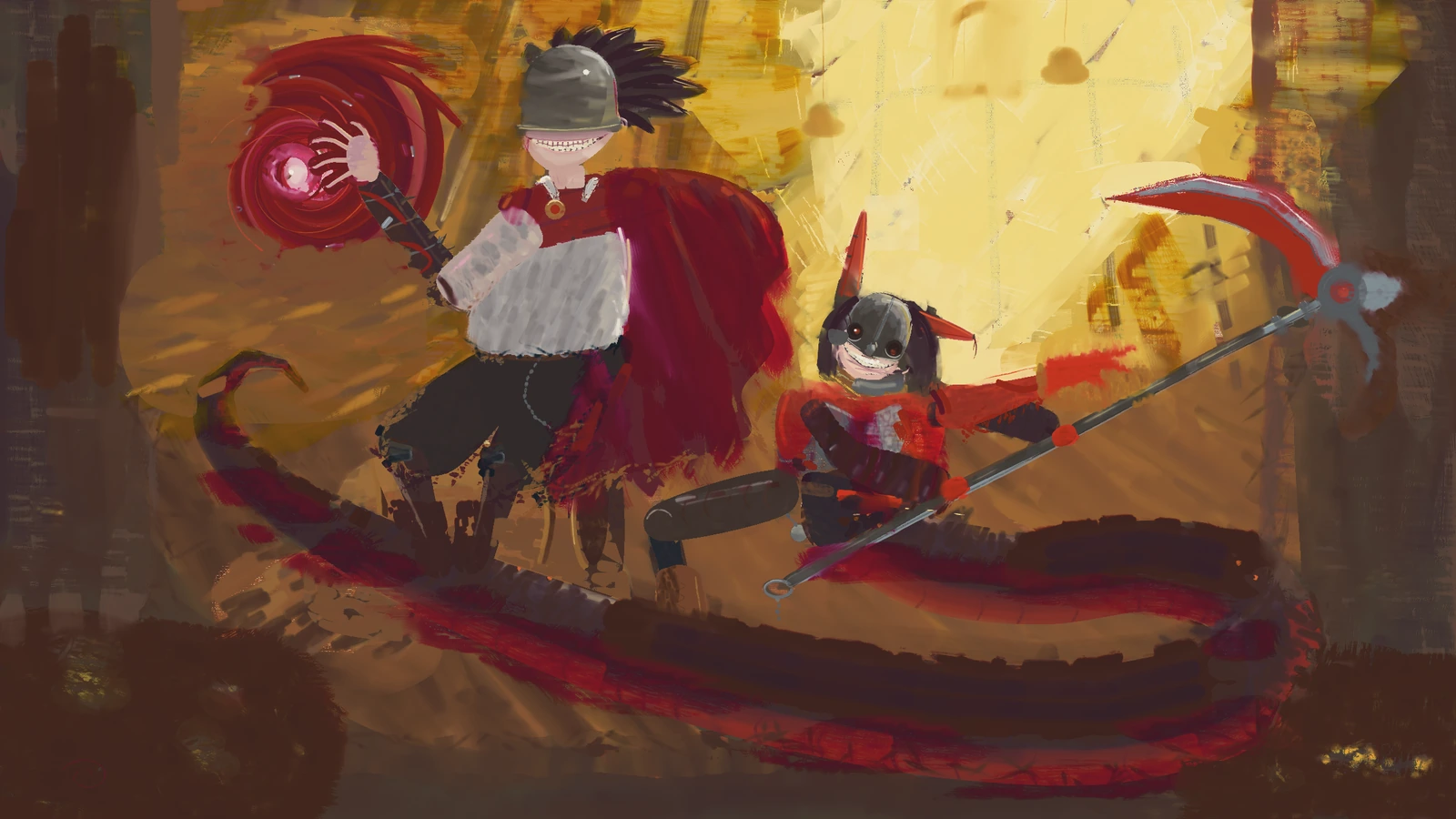 The finished painting: BloodTailor in a grey steel bowl helmet with a long toothy grin, spiky black hair, a white shirt and a wine-red cape, his bony hand in a crimson vortex at the upper left; Jefrie lower right in a dark half-helm with red embers for eyes and a white grin under tall red ear flaps, gripping a long scythe with a red crescent blade; her black tail with a red belly curls across the foreground, and golden window light with scraped bars fills the upper right