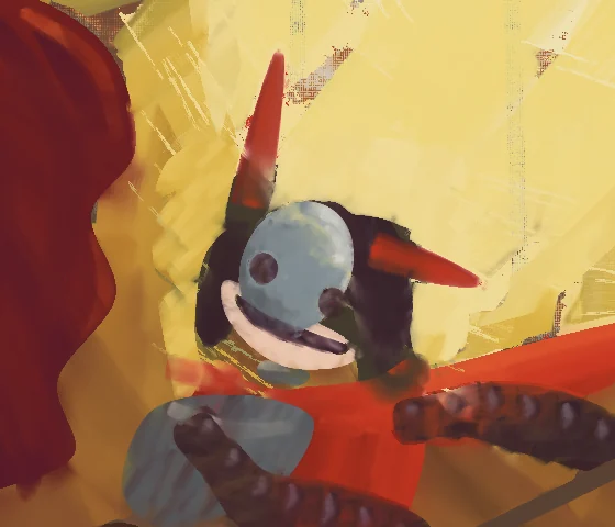 Jefrie's head at day 6: a pale blue-grey disc with two dark dots, a pale grin below, red ear flaps and black hair