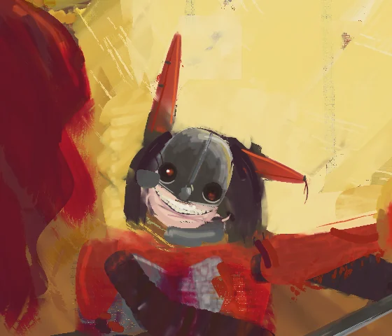 Jefrie's head finished: a dark steel half-helm with a ridge, two black sockets with red embers, a wide white grin, black bob hair and tall red ear flaps with barbed wire