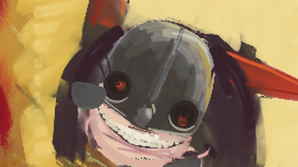 Close-up of Jefrie's half-helm: two red embers in dark sockets above a wide white grin