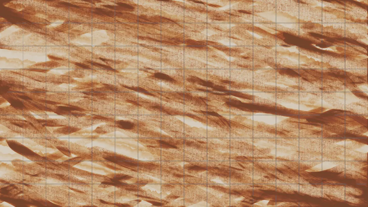 The toned orange-brown ground with a 16 by 9 pencil grid ruled over it