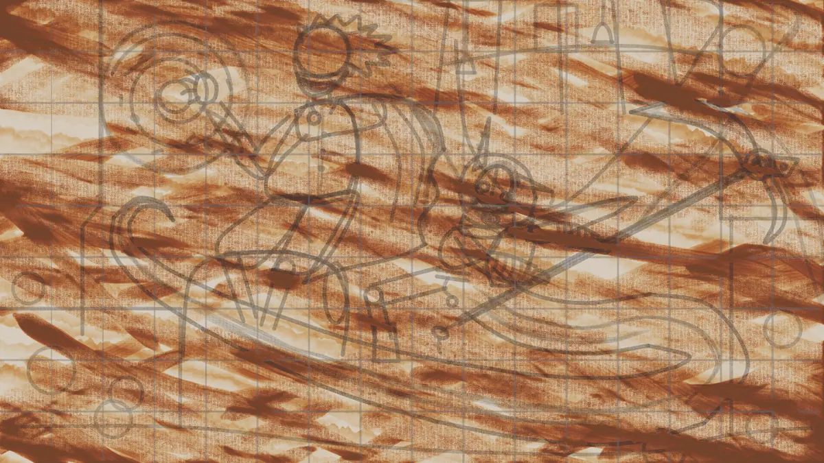 A chalk drawing of the whole composition over the grid: BloodTailor, the spiral, Jefrie, the scythe, the tail, bells and cages