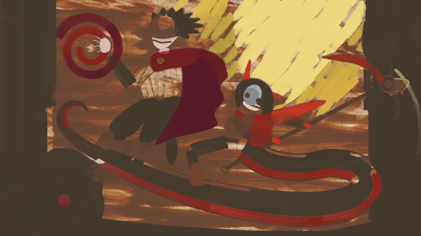 The block-in: flat shapes in brown, wine red and yellow. BloodTailor has a brown dome and a white grin, the spiral is a target of red rings, Jefrie's head is a blue-grey disc in a black hood, and the tail is two lanes of black and red