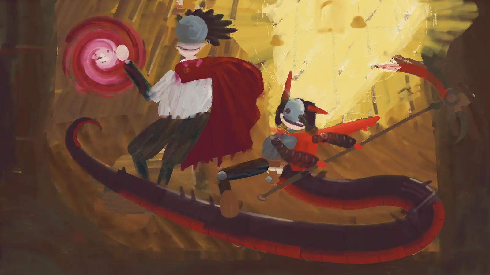 The painting at day 6: golden light with scraped bars, BloodTailor with a grey dome, white shirt and red cape and a pink spiral at his hand, Jefrie with a grey helm and red ear flaps holding the scythe, and the black tail with a red belly curling across the bottom