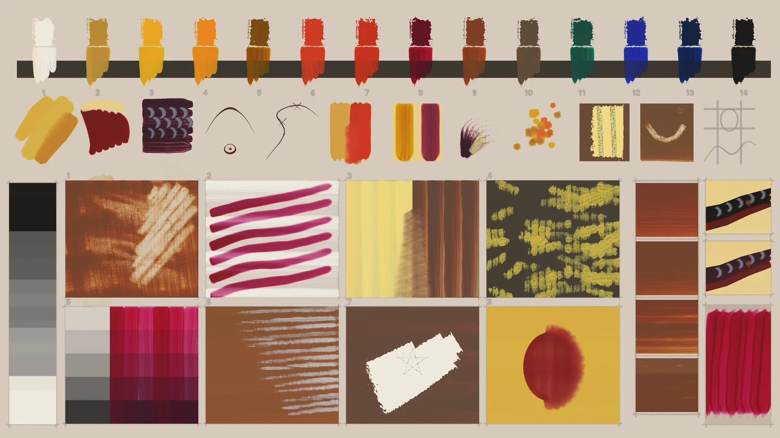 The finished practice board: a row of 14 paint heaps, a row of brush test marks, a grey value strip, eight technique squares in reds, golds and browns, and a four-rung ladder of brown swatches