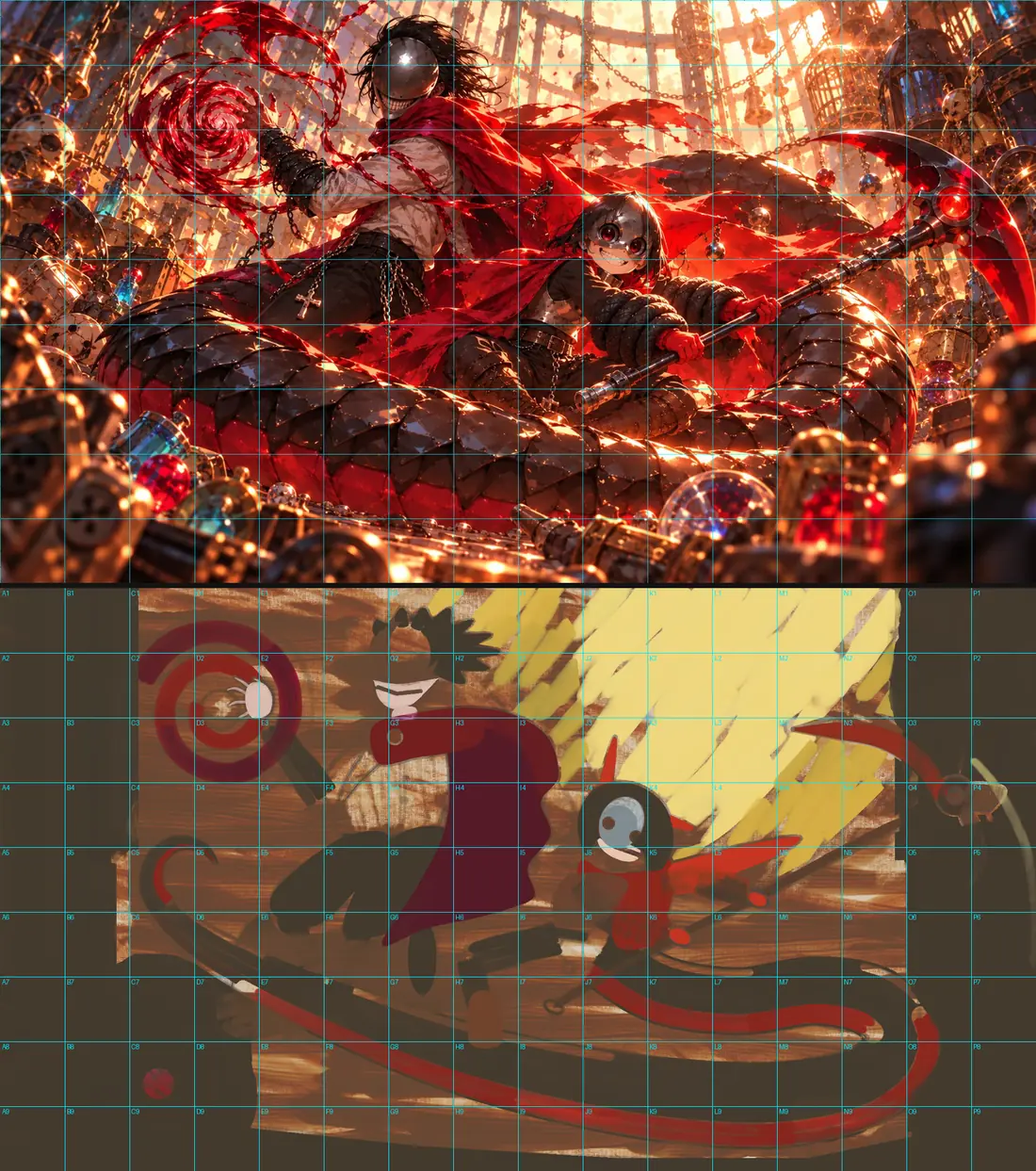 The ChatGPT picture on top and the flat block-in below it, both with the same lettered 16 by 9 grid, so each shape can be compared cell by cell