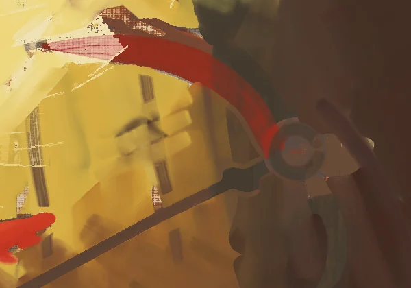 The scythe at day 6: a soft red curve against gold and a dark ring for a hub
