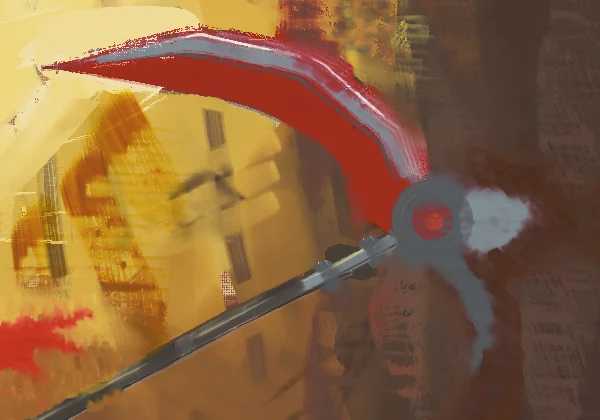 The scythe finished: a red crescent blade with a grey steel back, a hub of grey rings round a red lens, and a long dark haft