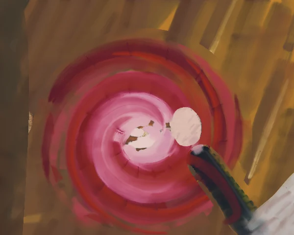 The spiral at day 6: concentric pink and red rings round a pale core, with a pale disc of a hand beside it