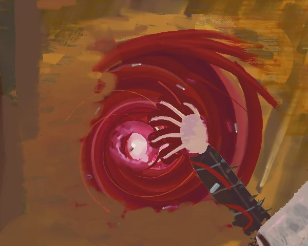 The spiral finished: crimson arms swirling and flung out toward the upper right, a small hot pink core, thin silver slivers, and a bony hand with long fingers in front of it