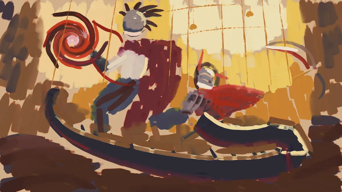 The faithful study: a sunburst-haired BloodTailor as a stick figure with a red pillar of a cape, a tiny striped Jefrie, and a tail like a canoe