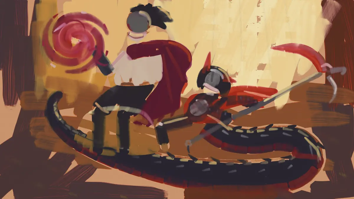 The bold study: a poster-like BloodTailor with grey dome and red cape, Jefrie with a big grey disc for a head, a scaled tail with a red belly and a hooked tip