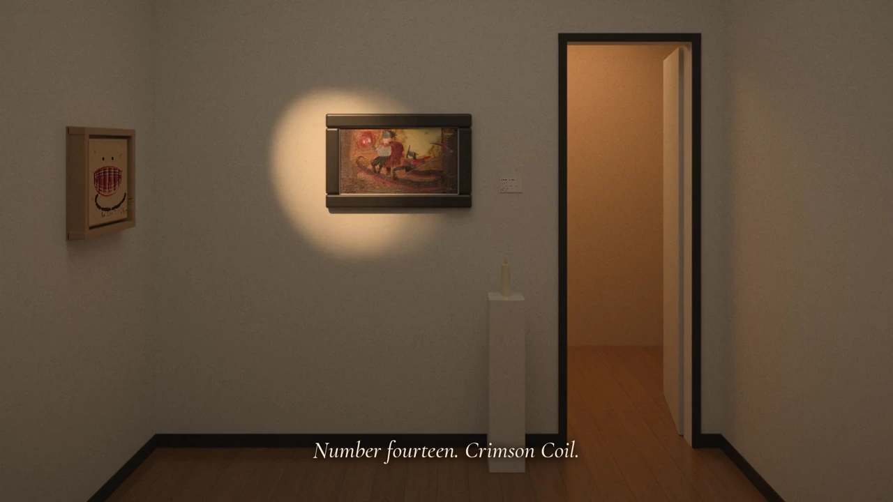A gallery wall with the painting in a dark frame under a spotlight, the caller's grinning pizza-box painting on the side wall, and the caption Number fourteen. Crimson Coil.