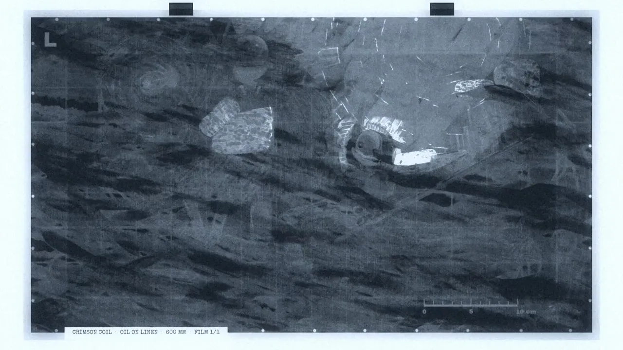 The painting as a grey radiograph clipped to a lightbox: the lead-white grins and the window light show bright, everything else dark and ghostly, with a scale bar and a film label along the bottom