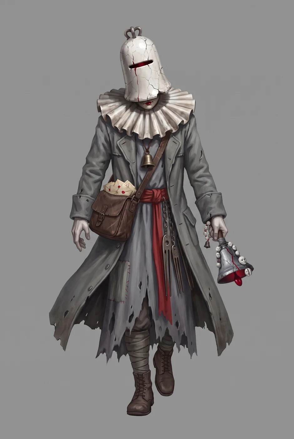 Cycle 2 Echo walking in a long grey greatcoat over the choir robe, with a satchel and the hand-bell