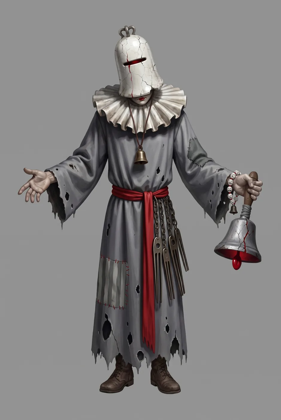Cycle 1 Echo in a torn grey choir robe and red sash, arms open, holding a small iron hand-bell