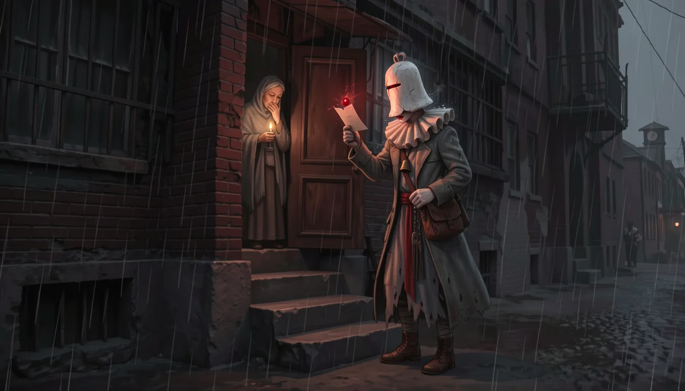 Echo in the rain at a brick doorway, holding up a letter to an old woman who covers her mouth with her hand