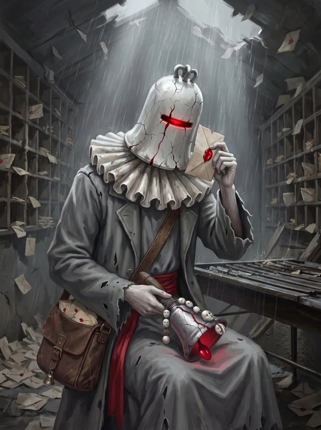 Echo, a figure with a white porcelain church-bell helm, a ruffled collar and a grey greatcoat, sits in a ruined post office holding a red-sealed letter to its helm