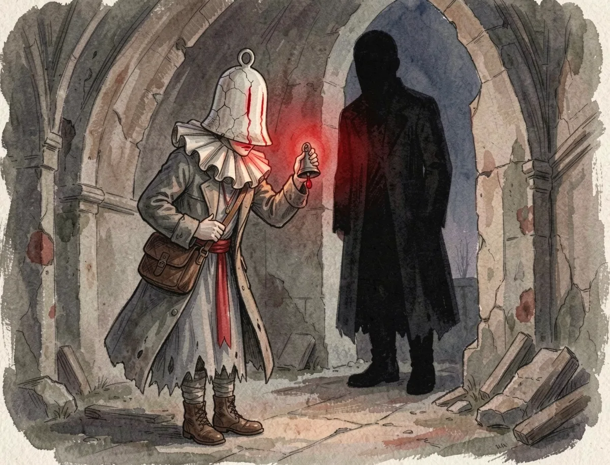 Gouache illustration: Echo raises its hand-bell in a ruined chapel beside a tall black faceless shadow