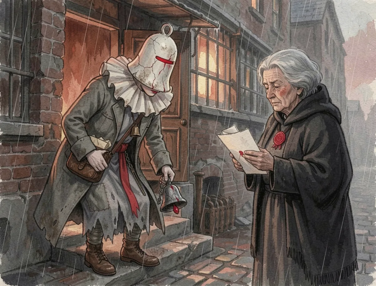 Gouache illustration: an old woman in a dark shawl reads a red-sealed letter at a doorway while Echo waits beside her