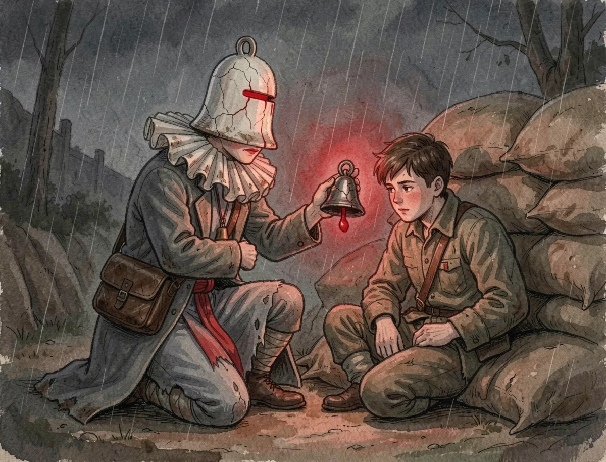 Gouache illustration: Echo kneels beside a young soldier in a trench and holds the glowing hand-bell near him
