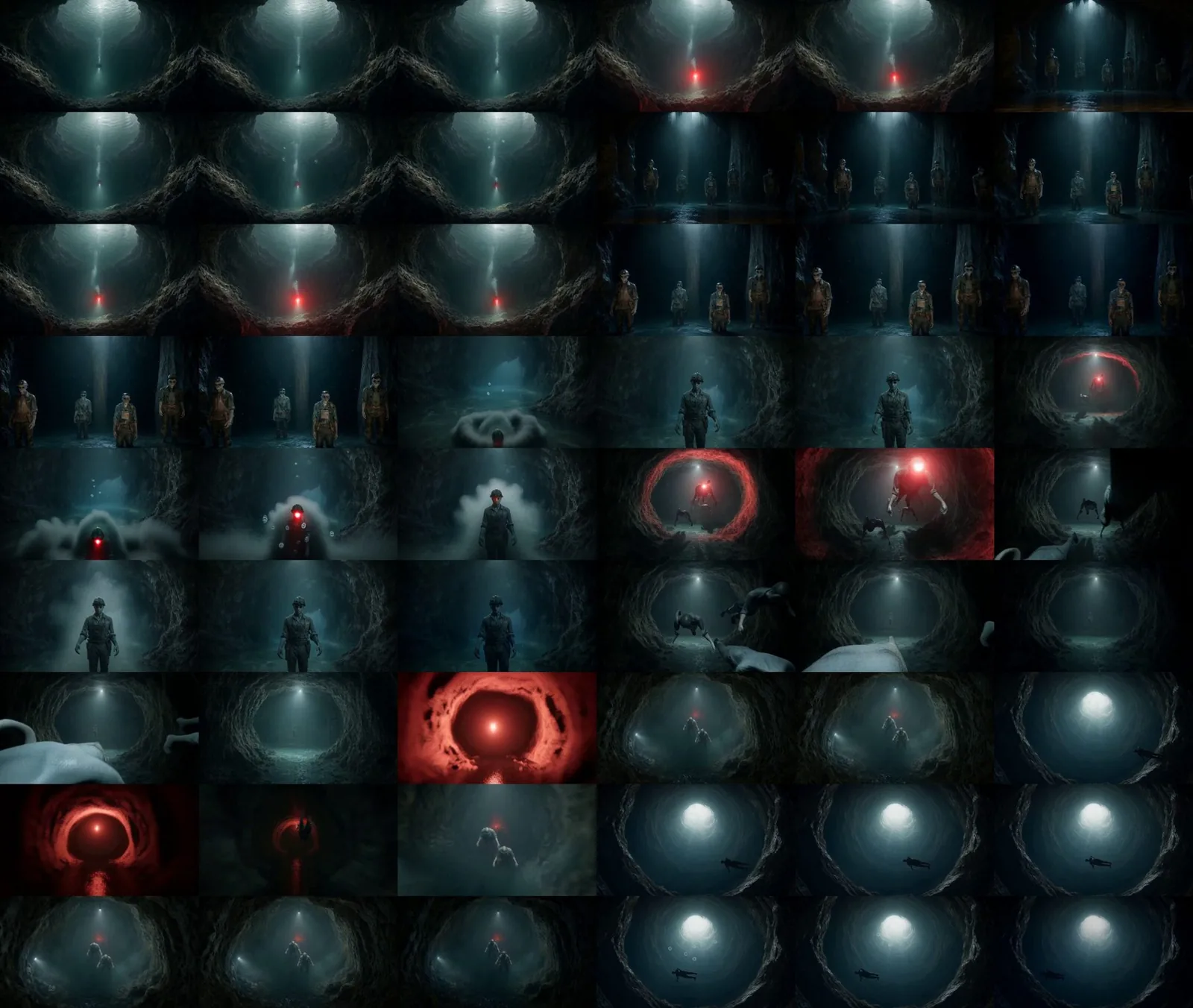 Contact sheet of the first H3 test: photoreal miners in a cave, plus a few failures like pale blobs and a red ring tunnel