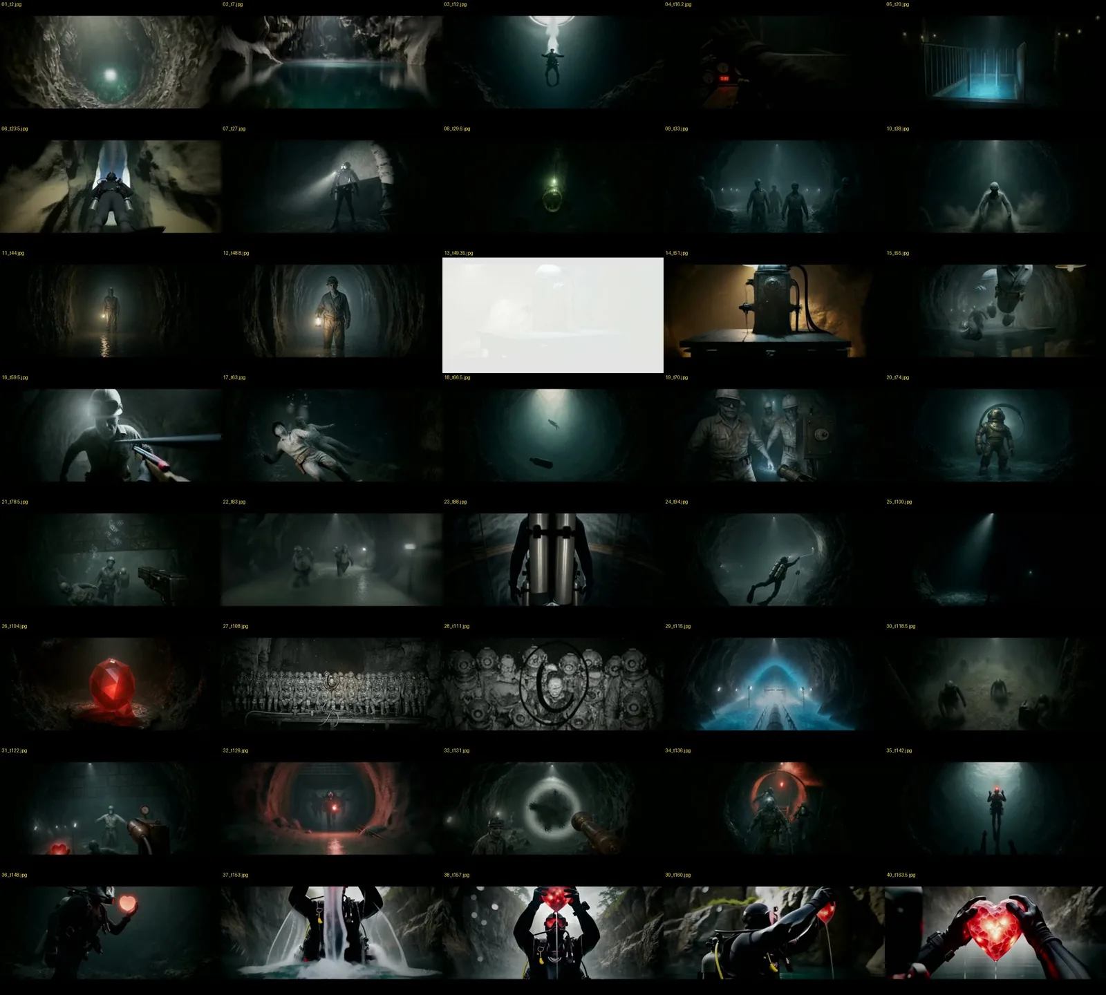 Forty frames from the finished v2 music video: a diver descending, miners in tunnels, a brass-helmet guardian, the crew photo with one man circled, a red heart