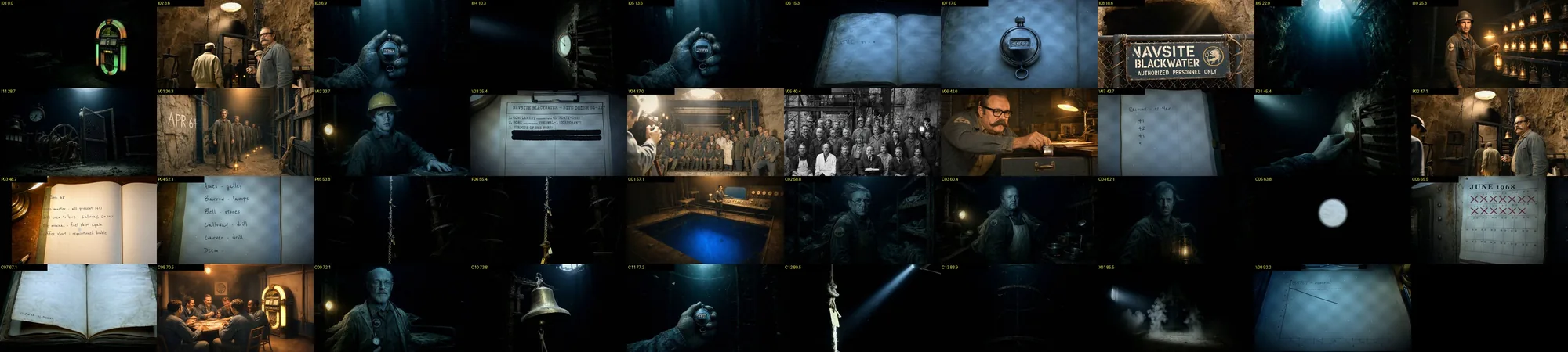 A strip of frames from v3: the jukebox, a ledger, a stopwatch, the NAVSITE BLACKWATER gate sign, the 1964 crew photo, a calendar for June 1968, a bell