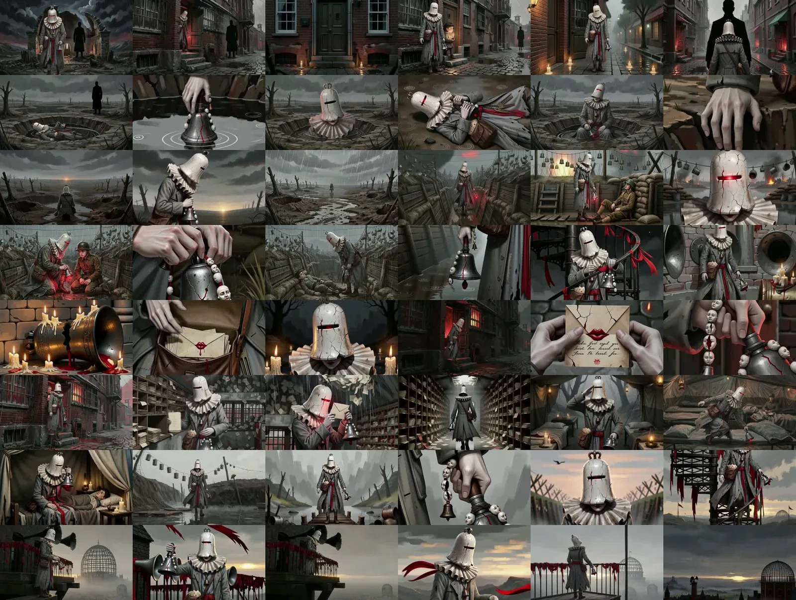 A grid of frames, one per shot, across eight chapters of the Echo film, all in the same painted dark-fantasy style