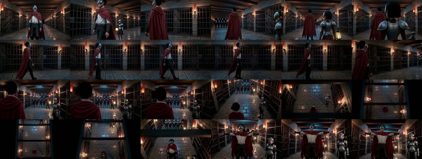 Frames from five local clips of BloodTailor walking a prison corridor, including one with an unrequested girl holding a lantern