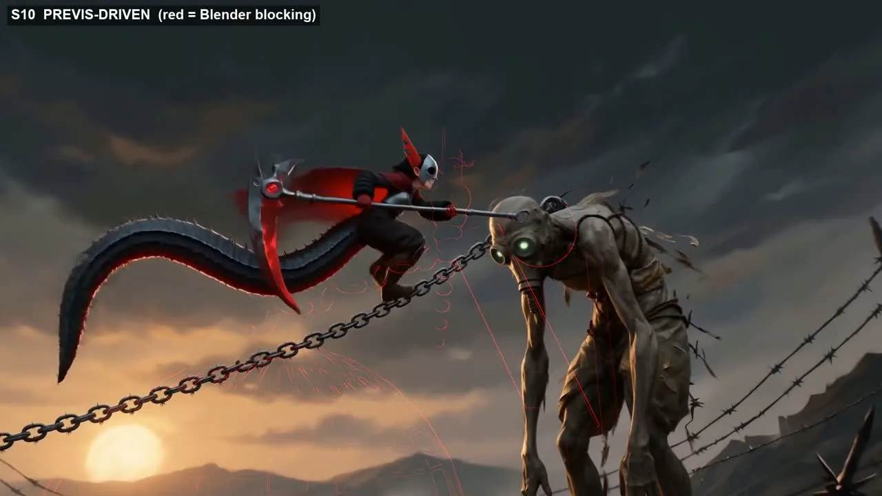 A frame from the fight with the Blender previs drawn over it as red outlines