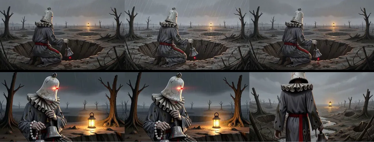 Top row: Echo kneeling at a crater with a tiny lantern on the horizon. Bottom row: the same lantern now sitting on the ground right beside Echo