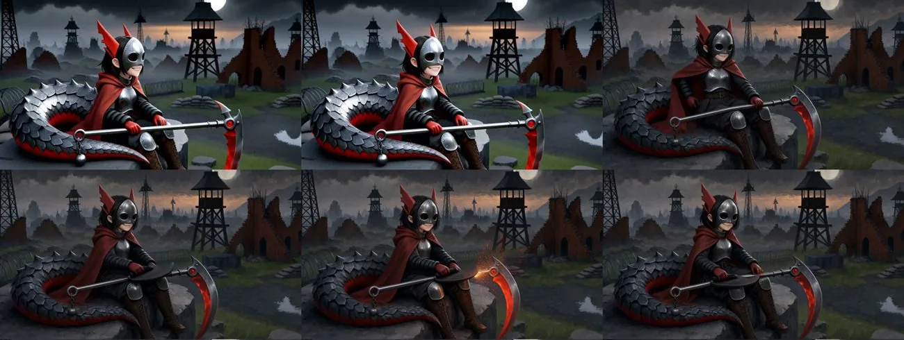 Six frames of Jefrie sitting with her scythe; the first two have a white toy-like mask, the later ones are dark painted gunmetal